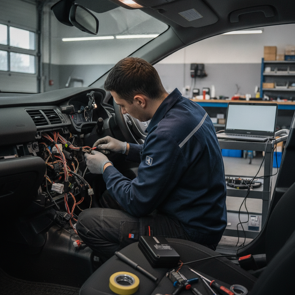Create a realistic, professional service-business photograph showing Car Alarm Installation from behind, with the backs of their heads visible. Do not show any faces, facial features, front-facing views or side views, profiles, or identifia