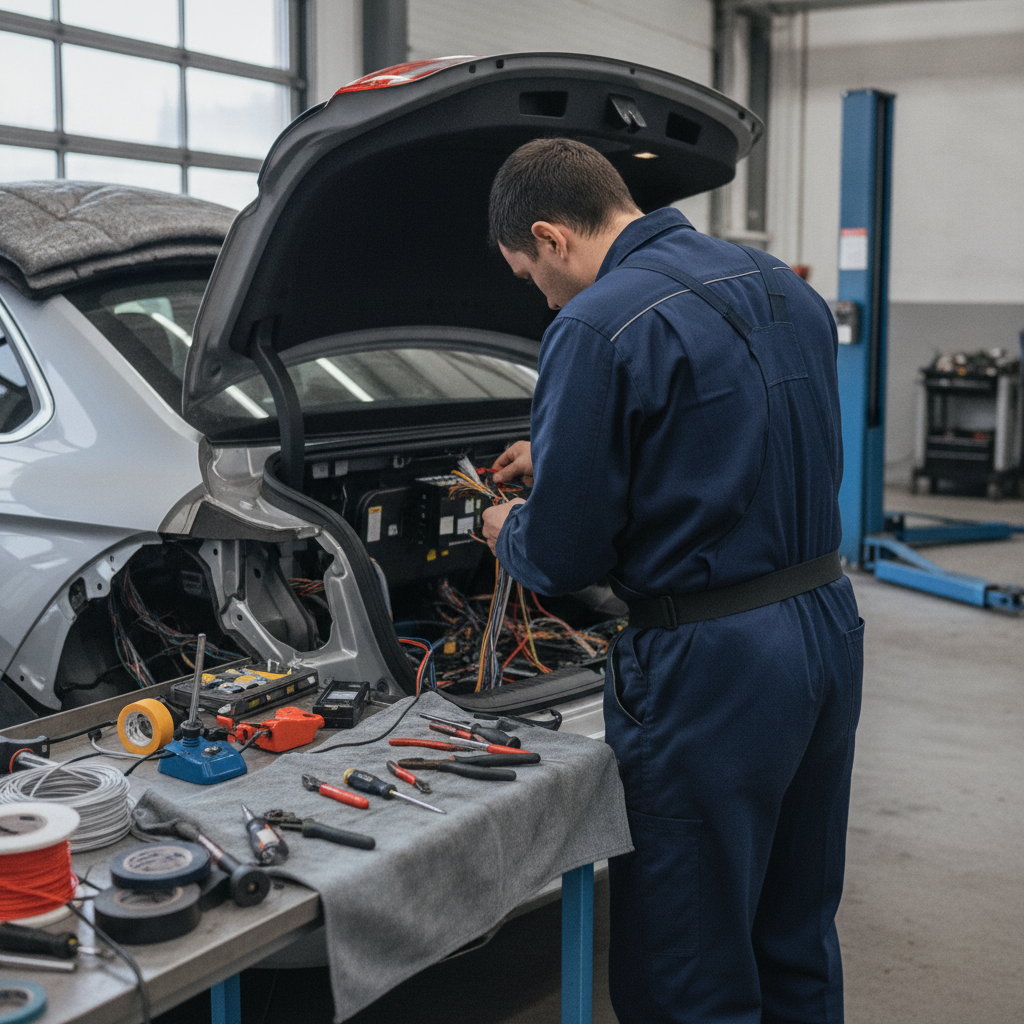 Create a realistic, professional service-business photograph showing Car Security System Installation from behind, with the backs of their heads visible. Do not show any faces, facial features, front-facing views or side views, profiles, or
