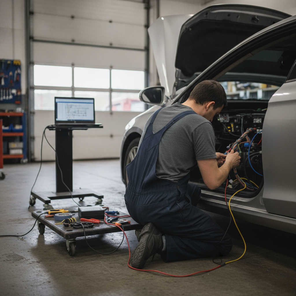 Create a realistic, professional service-business photograph showing Remote Starter Installation from behind, with the backs of their heads visible. Do not show any faces, facial features, front-facing views or side views, profiles, or iden